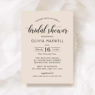 Modern Cream Black Script Wedding Bridal Shower Invitation
