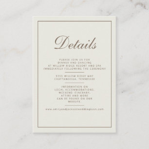 Modern Cream Brown Script Wedding Details Card