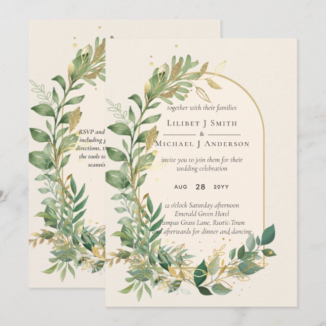 Modern Cream Gold Greenery Botanical Wedding Invitation (Front/Back)