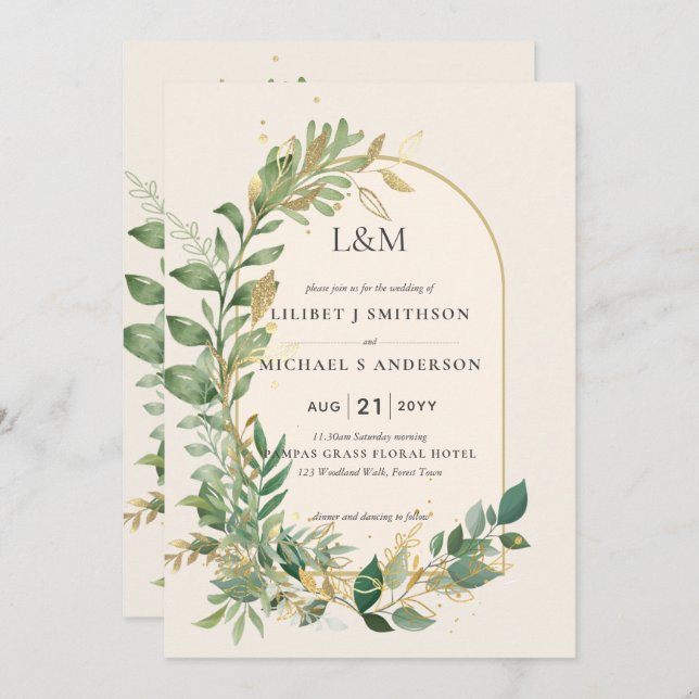 Modern Cream Gold Greenery Botanical Wedding Invitation (Front/Back)
