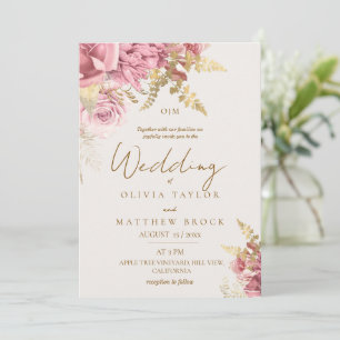 Modern Cream Gold Rose Pink Floral Wedding Invitation