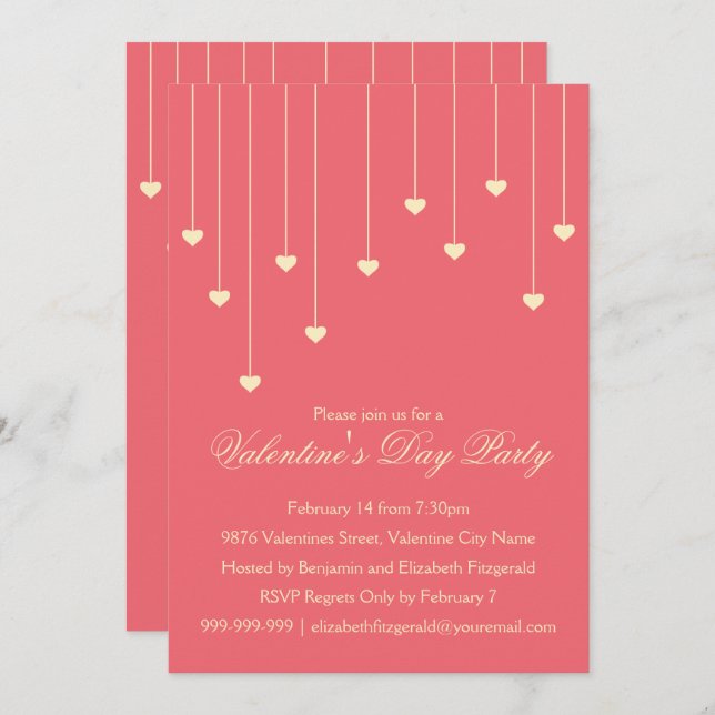 Modern Cream Hearts on Coral Red Valentines Party Invitation (Front/Back)