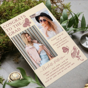 Modern Cream Pink Butterfly Photo Graduation Party Invitation