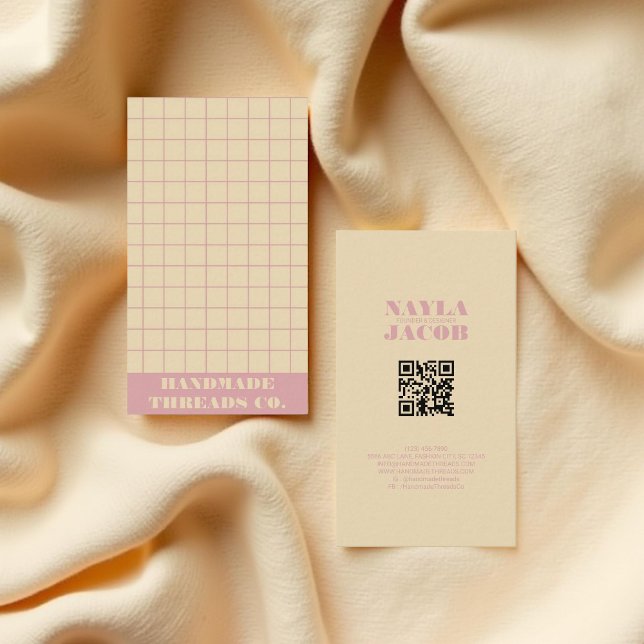 Modern Cream & Pink Chequered Pattern QR Code Business Card (Creator Uploaded)