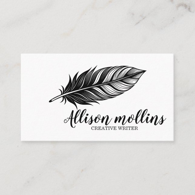 Modern Creative Writer Feather Logo Business Card (Front)