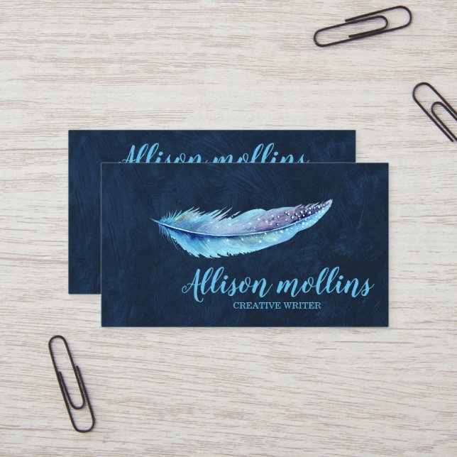 Modern Creative Writer Feather Logo Business Card (Front/Back In Situ)