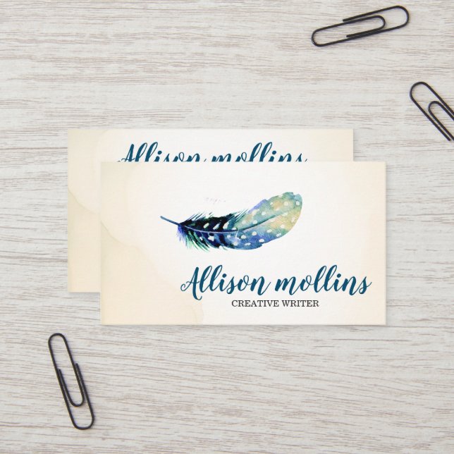 Modern Creative Writer Feather Logo Business Card (Front/Back In Situ)