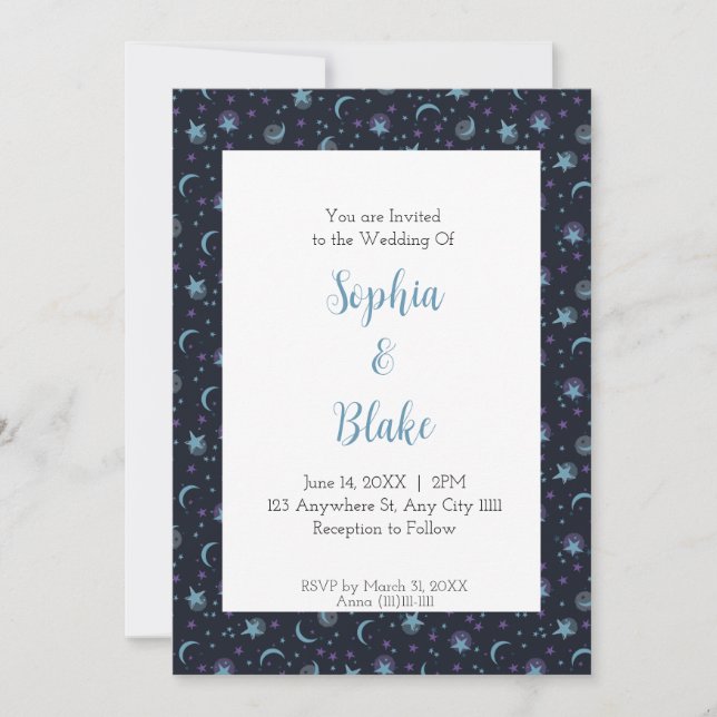 Modern Crescent Moon and Stars Wedding Invitation (Front)