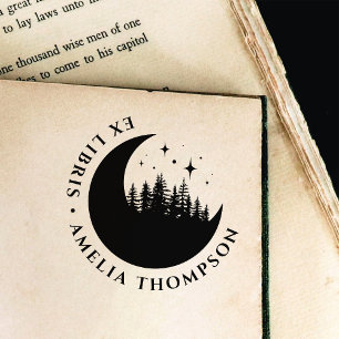 Modern Crescent Moon Trees & Stars Round Ex Libris Self-inking Stamp