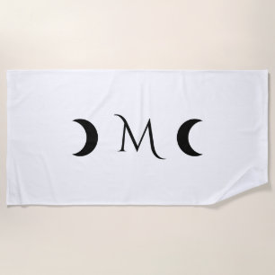 Modern Crescent Moons Black and White Monogram Beach Towel