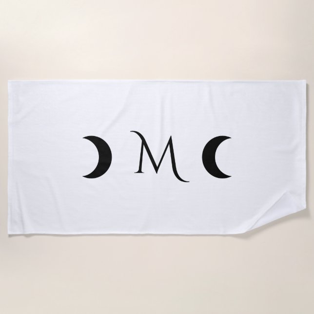 Modern Crescent Moons Black and White Monogram Beach Towel (Front)