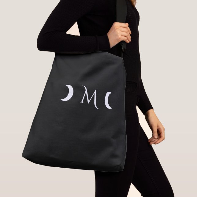 Modern Crescent Moons Black and White Monogram Crossbody Bag (Close Up)