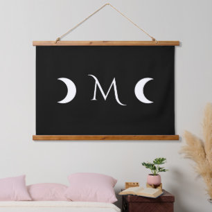 Modern Crescent Moons Black and White Monogram Hanging Tapestry