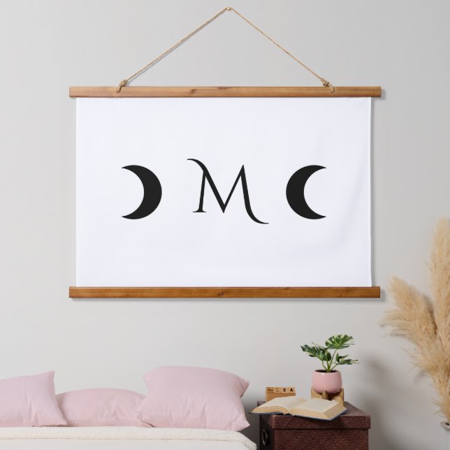 Modern Crescent Moons Black and White Monogram Hanging Tapestry (Bedroom)