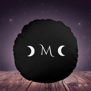 Modern Crescent Moons Black and White Monogram Round Cushion