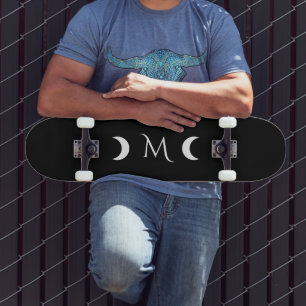 Modern Crescent Moons Black and White Monogram Skateboard
