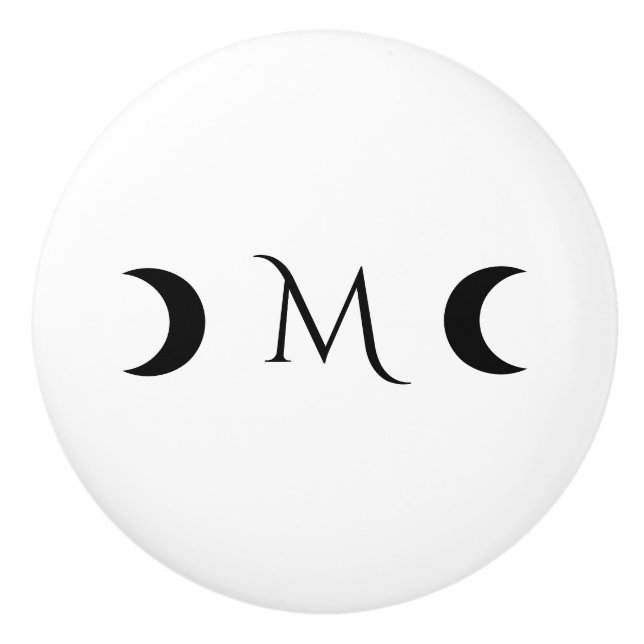 Modern Crescent Moons White and Black Monogram Ceramic Knob (Front)