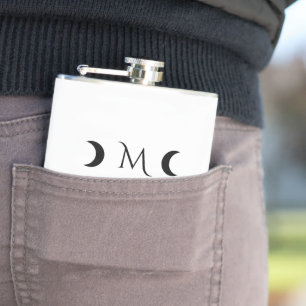 Modern Crescent Moons White and Black Monogram Hip Flask