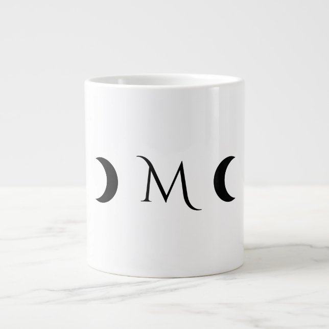 Modern Crescent Moons White and Black Monogram Large Coffee Mug (Front)