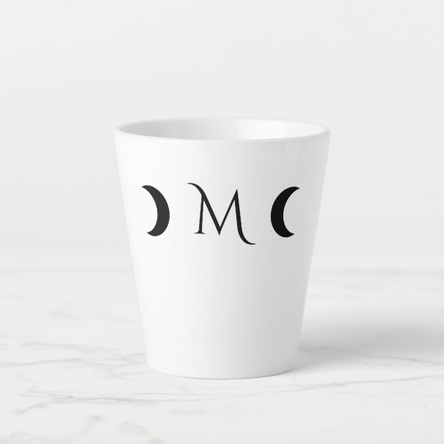 Modern Crescent Moons White and Black Monogram Latte Mug (Front)