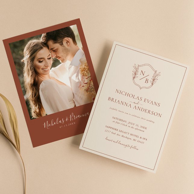 Modern Crest Terracotta Burnt Orange Wedding Photo Invitation (Creator Uploaded)
