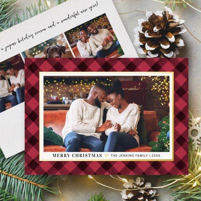 Modern Crimson Red Buffalo Plaid Christmas Photo (Creator Uploaded)