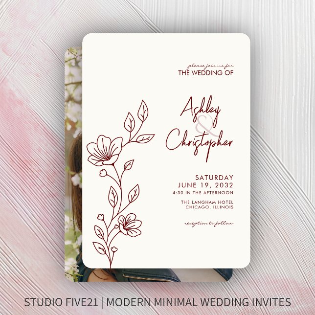Modern Crimson Red Foliage Outline Photo Wedding Invitation (Creator Uploaded)