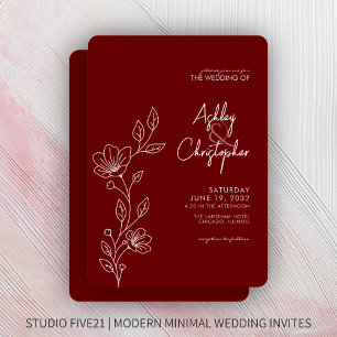 Modern Crimson Red Foliage Outline Wedding Invitation