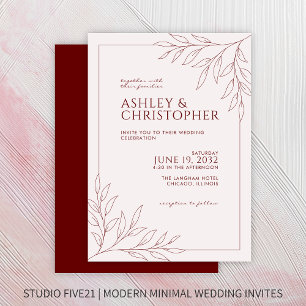 Modern Crimson Red Foliage Outline Wedding Invitation