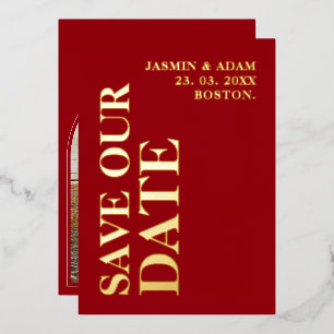 Modern Crimson Red Gold Foil Wedding Save the Date