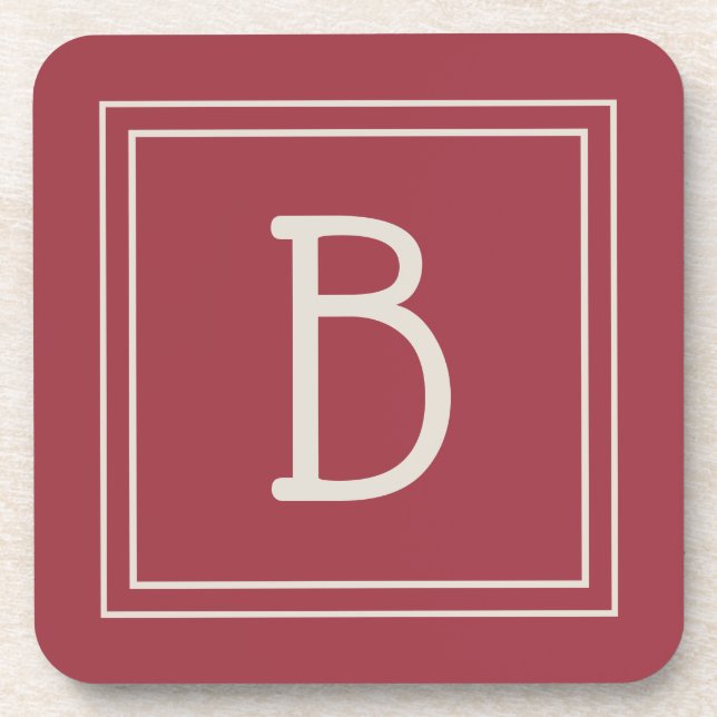 Modern Crimson Red & Off White Monogrammed Initial Coaster (Front)