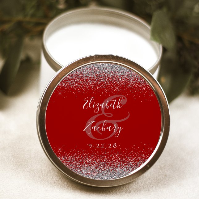 Modern Crimson Red Silver Glitter Edge Wedding Classic Round Sticker (Creator Uploaded)