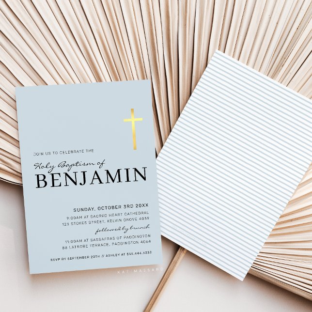 MODERN CROSS baptism minimal baby blue gold foil Invitation (Creator Uploaded)