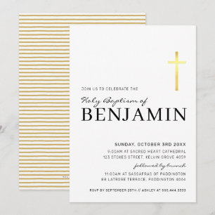 MODERN CROSS baptism minimal black faux gold Invitation