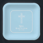 Modern Cross Blue Communion Baptism Christening Paper Plate<br><div class="desc">Paper plates with an open weave white cross on an elegant blue background are ideal for your child's First Communion,  Christening,  Baptism,  Confirmation or Dedication party or reception. MATCHING invitations and more in our collection.</div>
