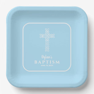 Modern Cross Blue Communion Baptism Christening Paper Plate