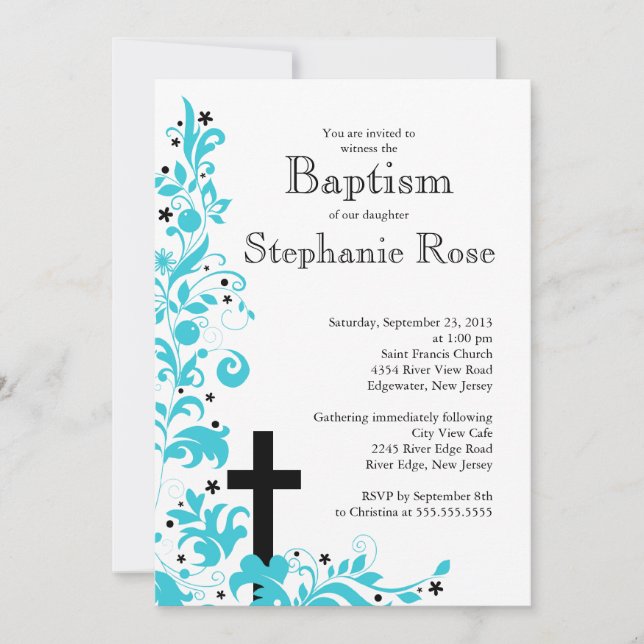 Modern Cross Blue Flower baptism, Invitation (Front)