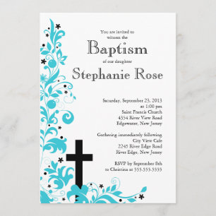 Modern Cross Blue Flower baptism, Invitation