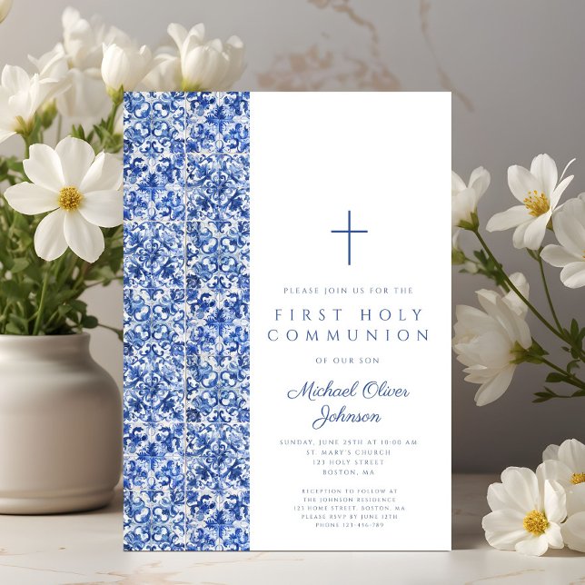 Modern Cross Blue Tiles Boy First Communion Invitation (Modern Cross Blue Tiles Boy First Communion Invitation)