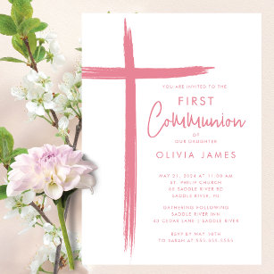 Modern Cross Girls First Communion  Invitation