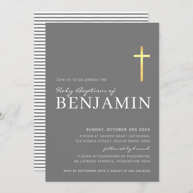 MODERN CROSS gold foil baptism minimal grey white Invitation (Front/Back)