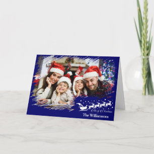 Modern Cross Hatch Frame in Blue Photo Christmas Holiday Card