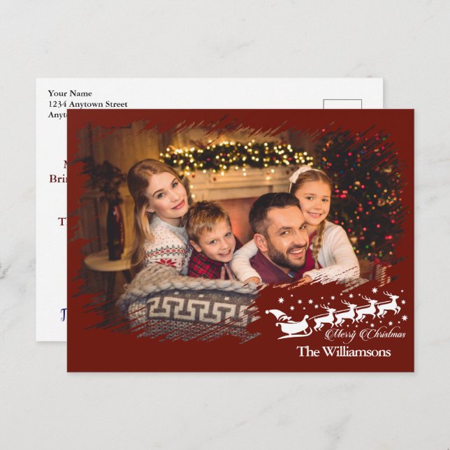 Modern Cross Hatch Frame in Christmas Red Photo Postcard (Front/Back)