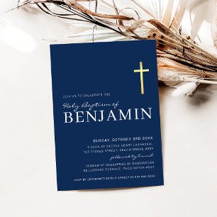 MODERN CROSS holy baptism minimal navy blue white Invitation