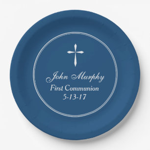 Modern Cross Personalised Navy Paper Plate