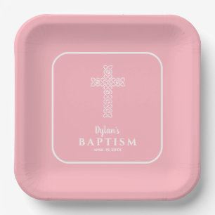 Modern Cross Pink Baptism Christening Paper Plate