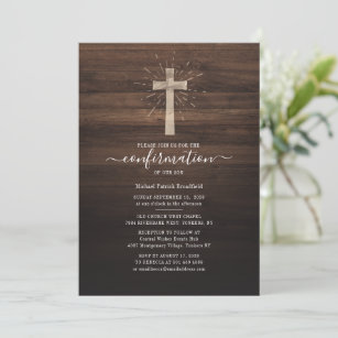 Modern Cross Rustic Wood Religious Confirmation Invitation