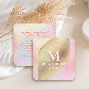 Modern Crushed Faux Gold Pink Monogram Geometric Square Business Card