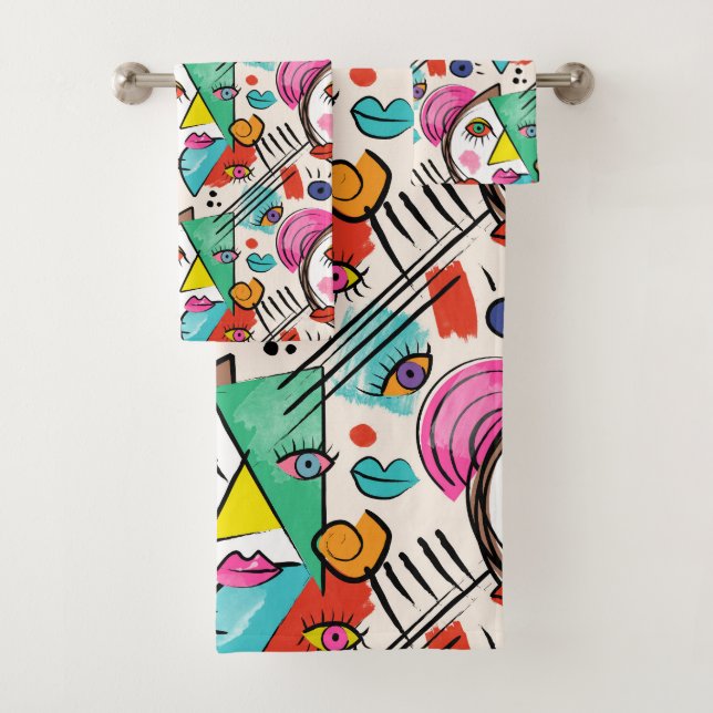 Modern Cubism Abstract Artsy Female Faces Art Bath Towel Set (Insitu)