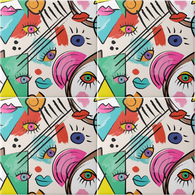 Modern Cubism Abstract Artsy Female Faces Art Tile (Modern Cubism Abstract Artsy Female Faces Art Ceramic Tile)